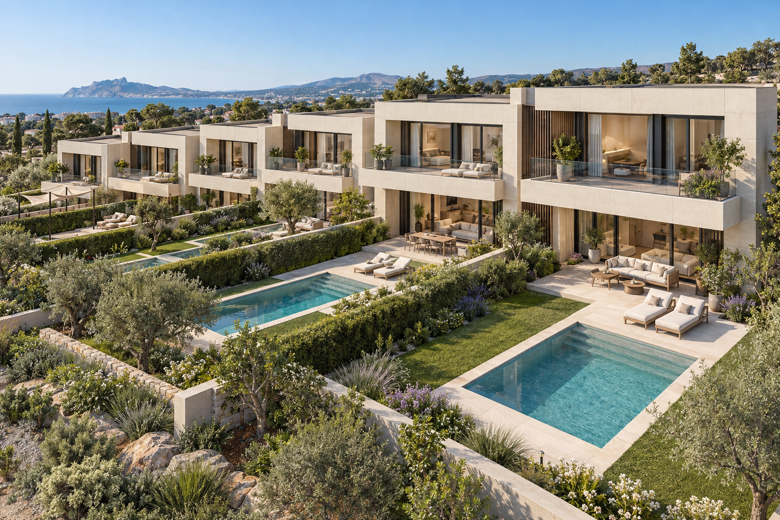 Diseño conceptual de adosados con jardines y piscinas