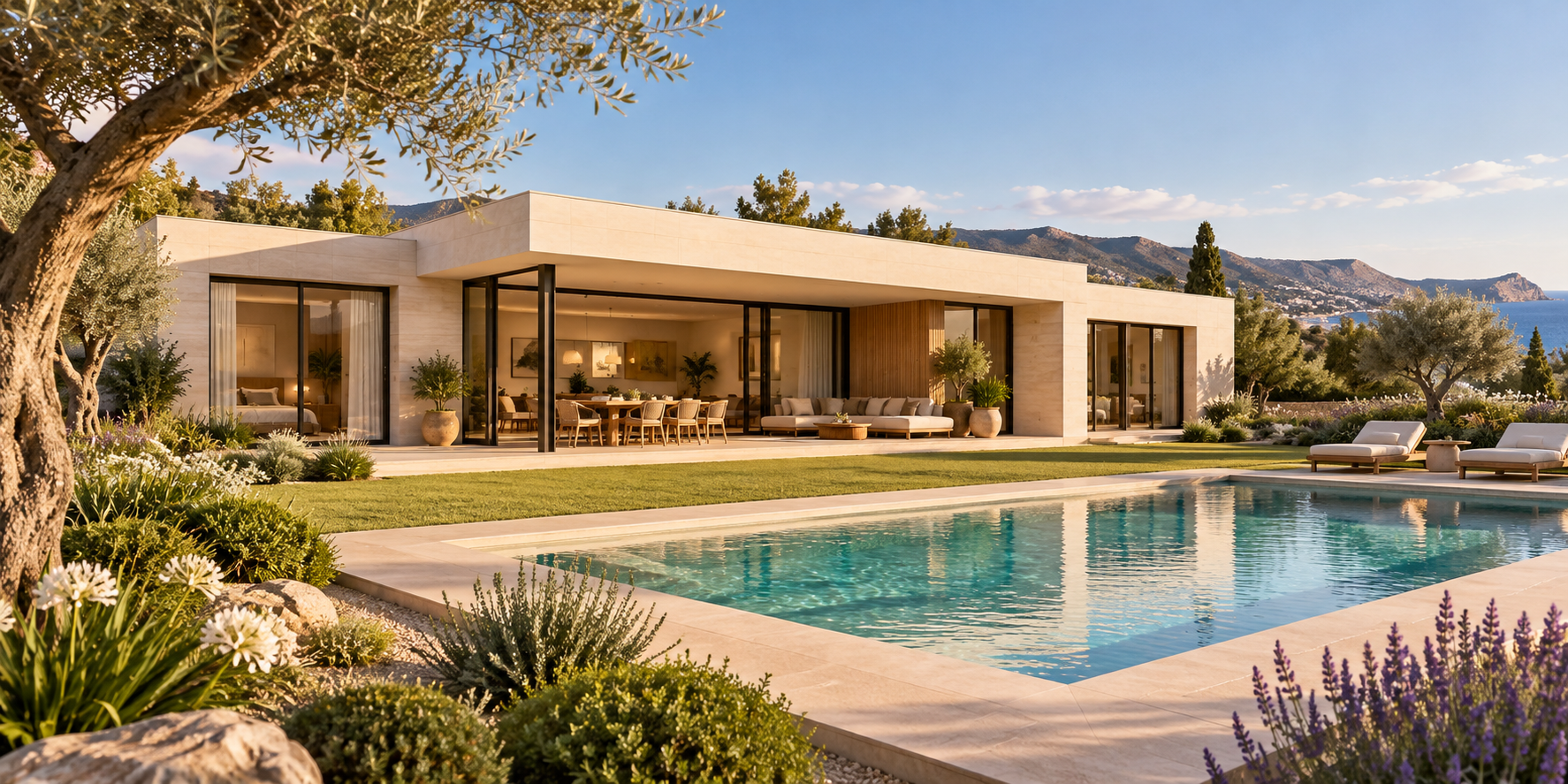 Diseño conceptual de vivienda contemporánea con jardín y piscina